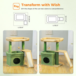 PAWZ Road 27-Inch Small Cat Tree Tower for Large Adult Cats with Wide Top Perch, Private Cat Condo and Sisal Scratching Post&Pad for Indoor Cats, (Green/Gray/Beige)