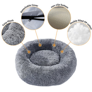 PAWZ Road Calming Donut Dog Bed Anti-Anxiety Plush Pillow Round Puppy Cat Bed 23" for Pets Up to 25lbs,Gray