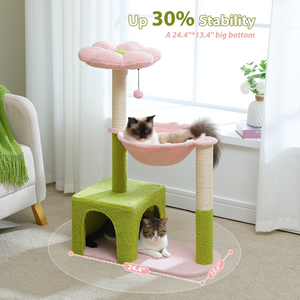 PAWZ Road Flower Cat Tree 47.2" Multi-Level Cat Tower with Sisal Covered Scratching Posts, Cute Cat Condo for Indoor Small Medium Cats, Pink Top Perch, Ramp, Fluffy Ball, Green