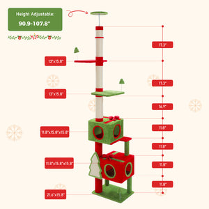 Christmas Cat Tree Tower, Height Adjustable 90.9"-107.8" Floor to Ceiling Cat Condo with 2 Condos, Sisal Scratching Posts, Festive Red Green Cat Tower