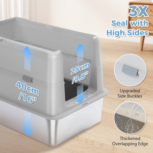 PAWZ Road Stainless Steel Enclosed Extra Large Cat Litter Box with Dual  Entry, 16-Inch High Sides, Non-Sticky Metal Pan, Includes Scoop, Gray