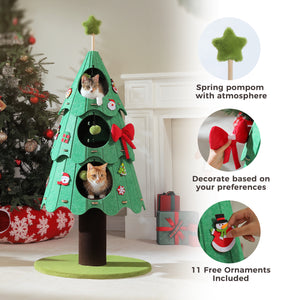 53-Inch Christmas Cat Tree for Indoor Cats, Cat Tower with 3 Condos&4 Pompoms, Multi-Cat Furniture with Holiday Felt Stickers, Activity Center, Green