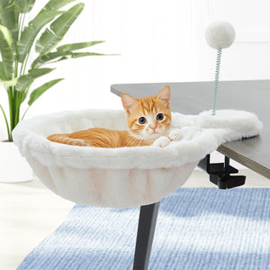 PAWZ Road Cat Bed for Desk - 14 Inch Space Saving Cat Hammock with Interactive Plush Ball Supports Up to 50lbs - Fits Tables Under 5cm Thick White