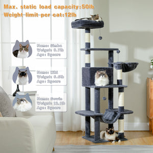 PAWZ Road 64" Cat Tree 5-Tier with Scratching Post Tower Large Hammock for Indoor Cats,Dark Gray