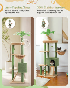 PAWZ Road 53 Inches Cactus Cat Tree, Multi-Level Cat Tower for Indoor Cats with Cat Condo, Sisal Covered Scratching Post and Cat Hammock, Soft Cat Perch Cat Playhouse for Large Cats, Green
