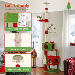 Christmas Cat Tree Tower, Height Adjustable 90.9"-107.8" Floor to Ceiling Cat Condo with 2 Condos, Sisal Scratching Posts, Festive Red Green Cat Tower