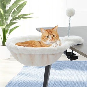 PAWZ Road Cat Bed for Desk - 14 Inch Space Saving Cat Hammock with Interactive Plush Ball Supports Up to 50lbs - Fits Tables Under 5cm Thick White