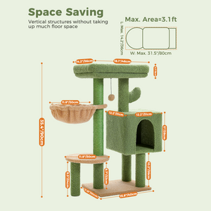 PAWZ Road Cactus Cat Tree 35.4" Cute Cat Tower Cat Condo for Indoor Cats w/Large Padded Perch, Comfy Hammock, Cat Scratching Post, and Dangling Ball, for Small-Medium Cats, Green