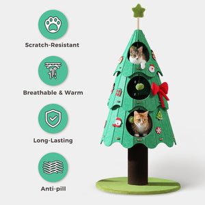 53-Inch Christmas Cat Tree for Indoor Cats, Cat Tower with 3 Condos&4 Pompoms, Multi-Cat Furniture with Holiday Felt Stickers, Activity Center, Green