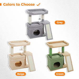 PAWZ Road 27-Inch Small Cat Tree Tower for Large Adult Cats with Wide Top Perch, Private Cat Condo and Sisal Scratching Post&Pad for Indoor Cats, (Green/Gray/Beige)