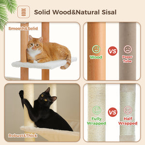 PAWZ Road Large Cat Tree, 73-Inch Tall Wooden Cat Tower with 2 Spacious Hammocks,2 Big Top Beds,8 Fully Scratching Posts and Natural Wood Posts, Multi Cat Tree for Indoor Cats Large Adult