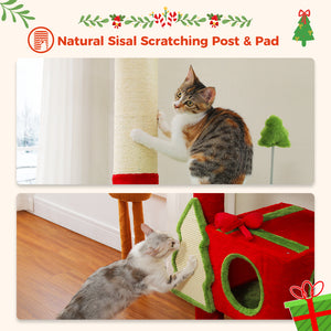 Christmas Cat Tree Tower, Height Adjustable 90.9"-107.8" Floor to Ceiling Cat Condo with 2 Condos, Sisal Scratching Posts, Festive Red Green Cat Tower