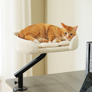 PAWZ Road Cat Bed for Desk - 14 Inch Space Saving Cat Hammock with Interactive Plush Ball Supports Up to 50lbs - Fits Tables Under 5cm Thick White