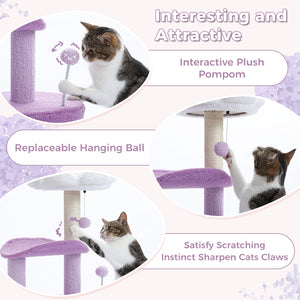 PAWZ Road Cat Tree,32 Inches Purple Flower Cat Tower with Sisal Covered Scratching Post, Cozy Condo, Plush Perches, and Fluffy Balls for Indoor Cats