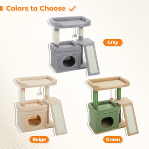 PAWZ Road 27-Inch Small Cat Tree Tower for Large Adult Cats with Wide Top Perch, Private Cat Condo and Sisal Scratching Post&Pad for Indoor Cats, (Green/Gray/Beige)