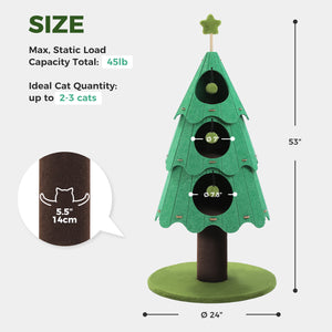 53-Inch Christmas Cat Tree for Indoor Cats, Cat Tower with 3 Condos&4 Pompoms, Multi-Cat Furniture with Holiday Felt Stickers, Activity Center, Green