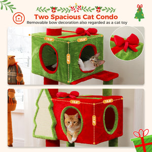 Christmas Cat Tree Tower, Height Adjustable 90.9"-107.8" Floor to Ceiling Cat Condo with 2 Condos, Sisal Scratching Posts, Festive Red Green Cat Tower
