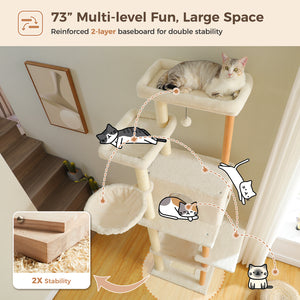 PAWZ Road Large Cat Tree, 73-Inch Tall Wooden Cat Tower with 2 Spacious Hammocks,2 Big Top Beds,8 Fully Scratching Posts and Natural Wood Posts, Multi Cat Tree for Indoor Cats Large Adult