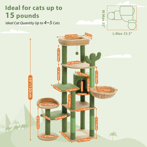 PAWZ Road 59" Cactus Cat Tree, Tall Cat Tree for Large Cat, Multi-Level Cat Tower, Cat Tree for Indoor Cats, Cat Condo with Large Hammock, Scratching Post and 2 Perches,