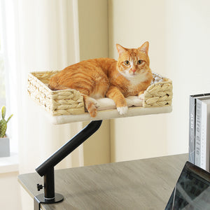 PAWZ Road Cat Bed for Desk - 14 Inch Space Saving Cat Hammock with Interactive Plush Ball Supports Up to 50lbs - Fits Tables Under 5cm Thick White
