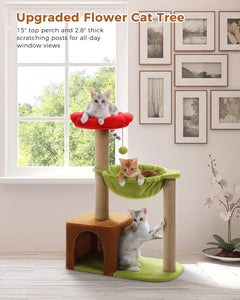 Flower Cat Tree with Sisal Scratching Posts, 36.6" Cute Cat Tower with Large Green Hammock for Small Indoor Cats, Cat Condo with Removable Flower Bed for Kittens