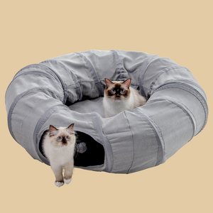 PAWZ Road Plush Transformable Interactive Round Splice Tunnel Bed with Central Mat and Peek Hole Cat Bed with Cat Toy Hanging Balls -Tunnel Bed