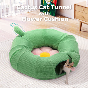 PAWZ Road Cat Tunnel, Cactus Cat Donut Tunnel Collapsible Cat Tunnel Tube, Dia-38 inches with Flower Soft Mat for Indoor Cats and Rabbits