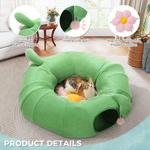 PAWZ Road Cat Tunnel, Cactus Cat Donut Tunnel Collapsible Cat Tunnel Tube, Dia-38 inches with Flower Soft Mat for Indoor Cats and Rabbits