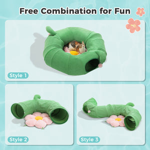 PAWZ Road Cat Tunnel, Cactus Cat Donut Tunnel Collapsible Cat Tunnel Tube, Dia-38 inches with Flower Soft Mat for Indoor Cats and Rabbits