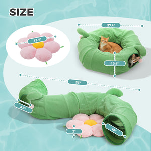 PAWZ Road Cat Tunnel, Cactus Cat Donut Tunnel Collapsible Cat Tunnel Tube, Dia-38 inches with Flower Soft Mat for Indoor Cats and Rabbits