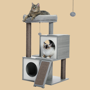 PAWZ Road Cat Tree 35 Inches Wooden Cat Tower with Double Condos, Spacious Perch, Fully Wrapped Scratching Sisal Posts and Replaceable Dangling Balls-Gray