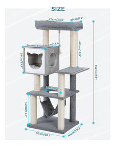 PAWZ Road Modern Cat Tree for Indoor Adult Cats, Wood Cat Tower Sturdy with Hammock for Large Cat, 52" Tall Level Kitty Condo Heavy Duty Carpet Frisco Cute Scratching Tower for Big Cats 20Lbs