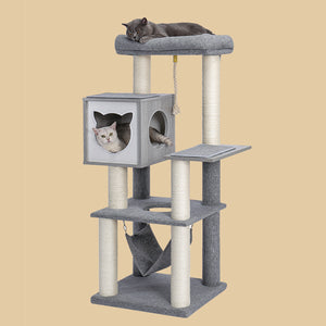 PAWZ Road Modern Cat Tree for Indoor Adult Cats, Wood Cat Tower Sturdy with Hammock for Large Cat, 52" Tall Level Kitty Condo Heavy Duty Carpet Frisco Cute Scratching Tower for Big Cats 20Lbs