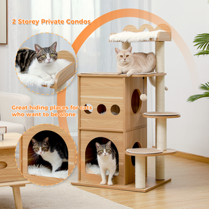 PAWZ Road Modern Wooden Luxury 47.2'' Modren Cat Tree Tower with 2 Super Large Cat Condo Wooden Cat Tree House with Sisal-Covered Scratching Posts and Removable mats Wood Furniture for Kittens