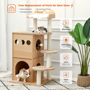 PAWZ Road Modern Wooden Luxury 47.2'' Modren Cat Tree Tower with 2 Super Large Cat Condo Wooden Cat Tree House with Sisal-Covered Scratching Posts and Removable mats Wood Furniture for Kittens