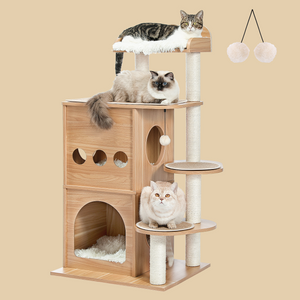 PAWZ Road Modern Wooden Luxury 47.2'' Modren Cat Tree Tower with 2 Super Large Cat Condo Wooden Cat Tree House with Sisal-Covered Scratching Posts and Removable mats Wood Furniture for Kittens