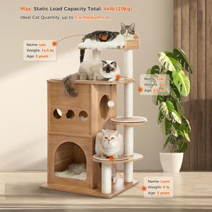 PAWZ Road Modern Wooden Luxury 47.2'' Modren Cat Tree Tower with 2 Super Large Cat Condo Wooden Cat Tree House with Sisal-Covered Scratching Posts and Removable mats Wood Furniture for Kittens