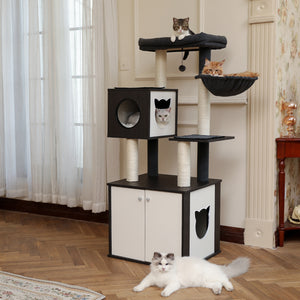 PEQULTI 59 "Torre de madeira para gatos grande árvore de gato com móveis ocultos para caixa de areia para gatos, preto 