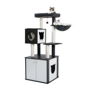 PEQULTI 59" Large Cat Tree Wooden Cat Tower with Hidden Enclosed Cat Litter Box Furniture , Black