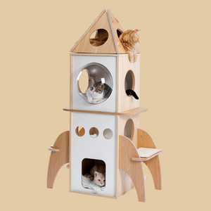 Pawz Road 54 Inches Rocket Multi-Level Cat Tree Spaceship Modern Cat Tower with 3 Spacious Condos, 2 Fuzzy Replaceable Dangling Balls, Attic Perch and Detachable Mats