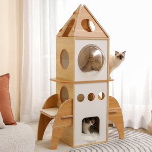 Pawz Road 54 Inches Rocket Multi-Level Cat Tree Spaceship Modern Cat Tower with 3 Spacious Condos, 2 Fuzzy Replaceable Dangling Balls, Attic Perch and Detachable Mats