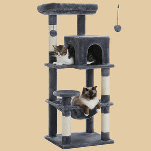 PAWZ Road Cat Tree for Indoor Cats, 45.7" Multi-Level Cat Tower with Large Metal Frame Hammock, Cat Condo with 4 Scratching Posts and Top Perch for Small Medium Cat, Grey,Beige,Dark Grey