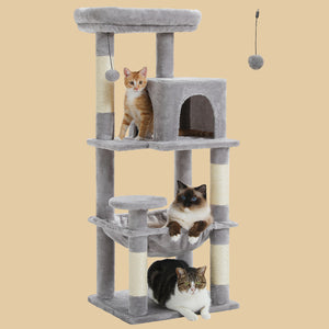 PAWZ Road Cat Tree for Indoor Cats, 45.7" Multi-Level Cat Tower with Large Metal Frame Hammock, Cat Condo with 4 Scratching Posts and Top Perch for Small Medium Cat, Grey,Beige,Dark Grey