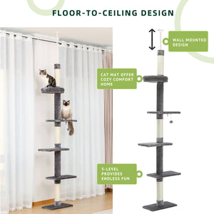 PEQULTI 5-Level Tall Cat Tree Floor to Ceiling Cat Tower 90"-107" for Indoor Small Cats, Gray