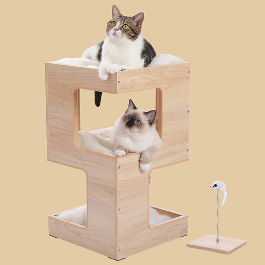 PAWZ Road Cat Tree with Scratcher, Multi-Level Modern Cat Condo Furniture with Removable Soft Cushions, Scratching Mat and Ball Toys for Indoor Cats-Beige