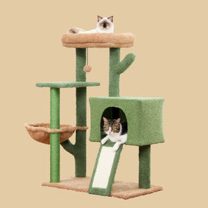PAWZ Road 41 Inches Cactus Cat Tower with Sisal Covered Scratching Post and Cozy Condo for Indoor Cats, Cat Climbing Stand with Plush Perch &Soft Hammock for Multi-Level Cat Play House