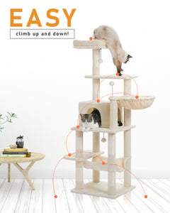 PAWZ Road 60 Inches Cat Tree, Tall Cat Tower, Multi-Level Cat Condo for Indoor Cats with Cat Hammocks, Natural Sisal Covered Scratching Post and Plush Top Perch, Grey