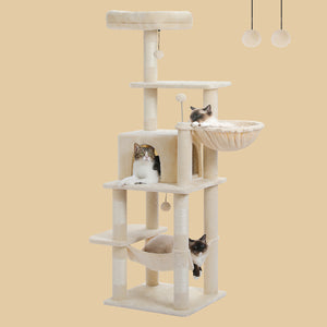 PAWZ Road 60 Inches Cat Tree, Tall Cat Tower, Multi-Level Cat Condo for Indoor Cats with Cat Hammocks, Natural Sisal Covered Scratching Post and Plush Top Perch, Grey