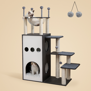 PAWZ Road Sky -castle Design Wooden Cat Tree, 50" Modern Cat Tower with 2-Floor Condo, Cat Furniture Sisal Scratching Posts, Capsule Nest and Dangling Balls, Inspired by Sky City for Indoor Large/Big Cats