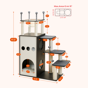 PAWZ Road Sky -castle Design Wooden Cat Tree, 50" Modern Cat Tower with 2-Floor Condo, Cat Furniture Sisal Scratching Posts, Capsule Nest and Dangling Balls, Inspired by Sky City for Indoor Large/Big Cats